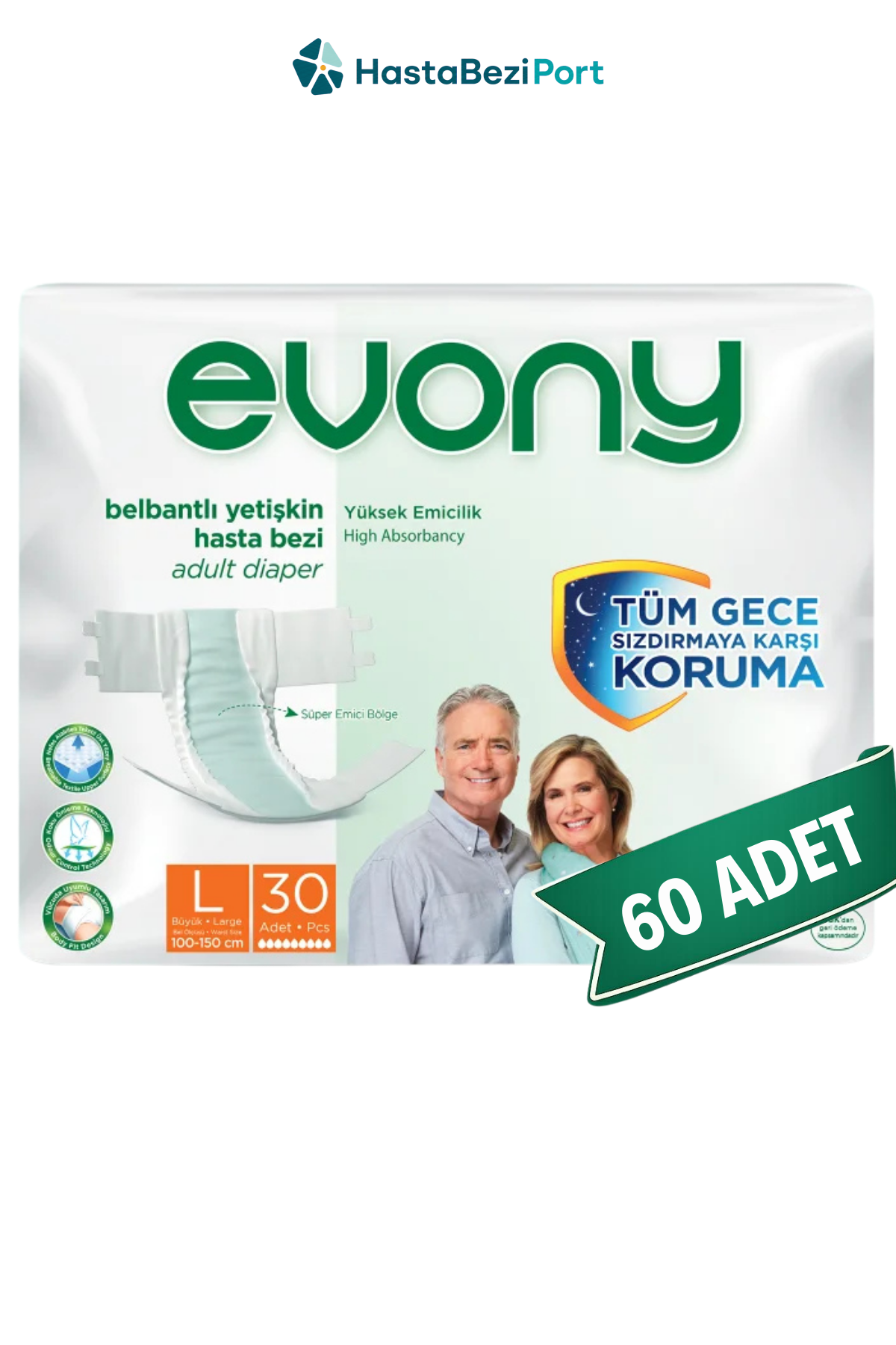 Evony Bel Bantlı Yetişkin Hasta Bezi L 60 Adet (30'lu x 2 Paket)