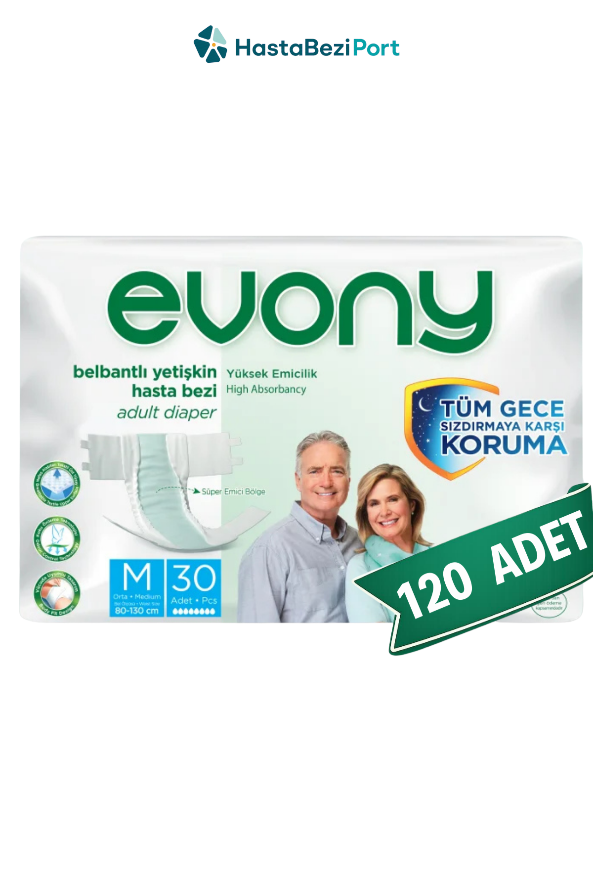 Evony Bel Bantlı Yetişkin Hasta Bezi M 120 Adet (30'lu x 4 Paket)
