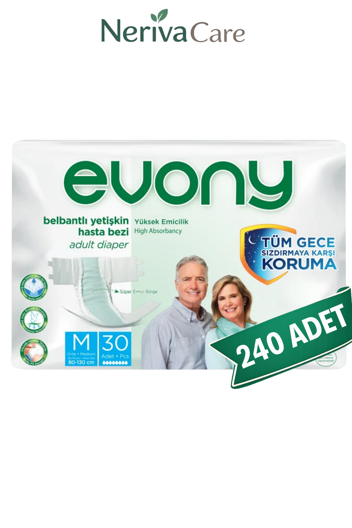 Evony Bel Bantlı Yetişkin Hasta Bezi M 240 Adet (30'lu x 8 Paket)