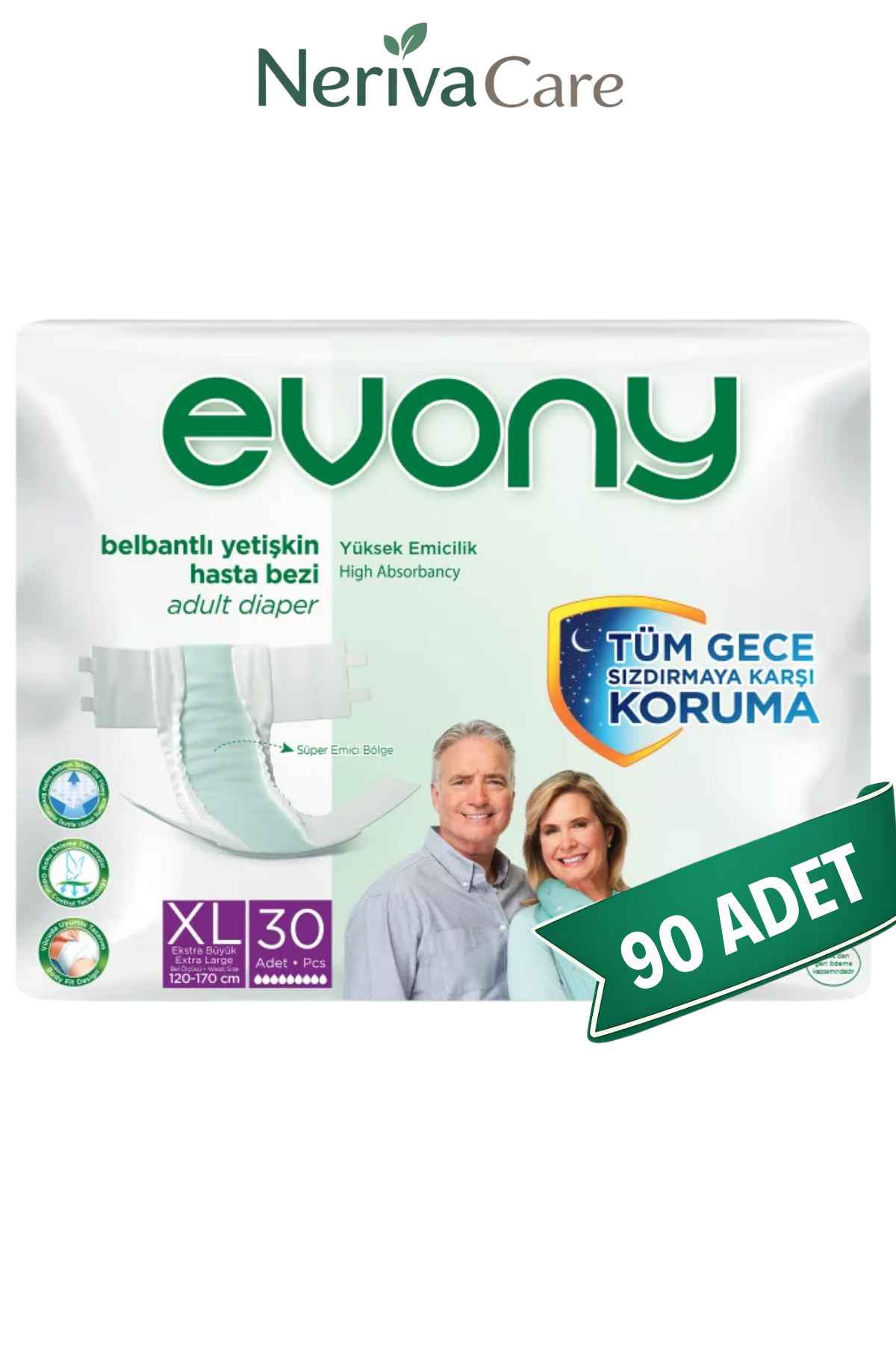 Evony Bel Bantlı Yetişkin Hasta Bezi XL 90 Adet (30'lu x 3 Paket)