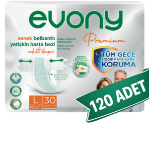 Evony Premium Bel Bantlı Yetişkin Hasta Bezi L 120 Adet (30'lu x 4 Paket) | Büyük Boy Yüksek Emicili Hasta Bezi