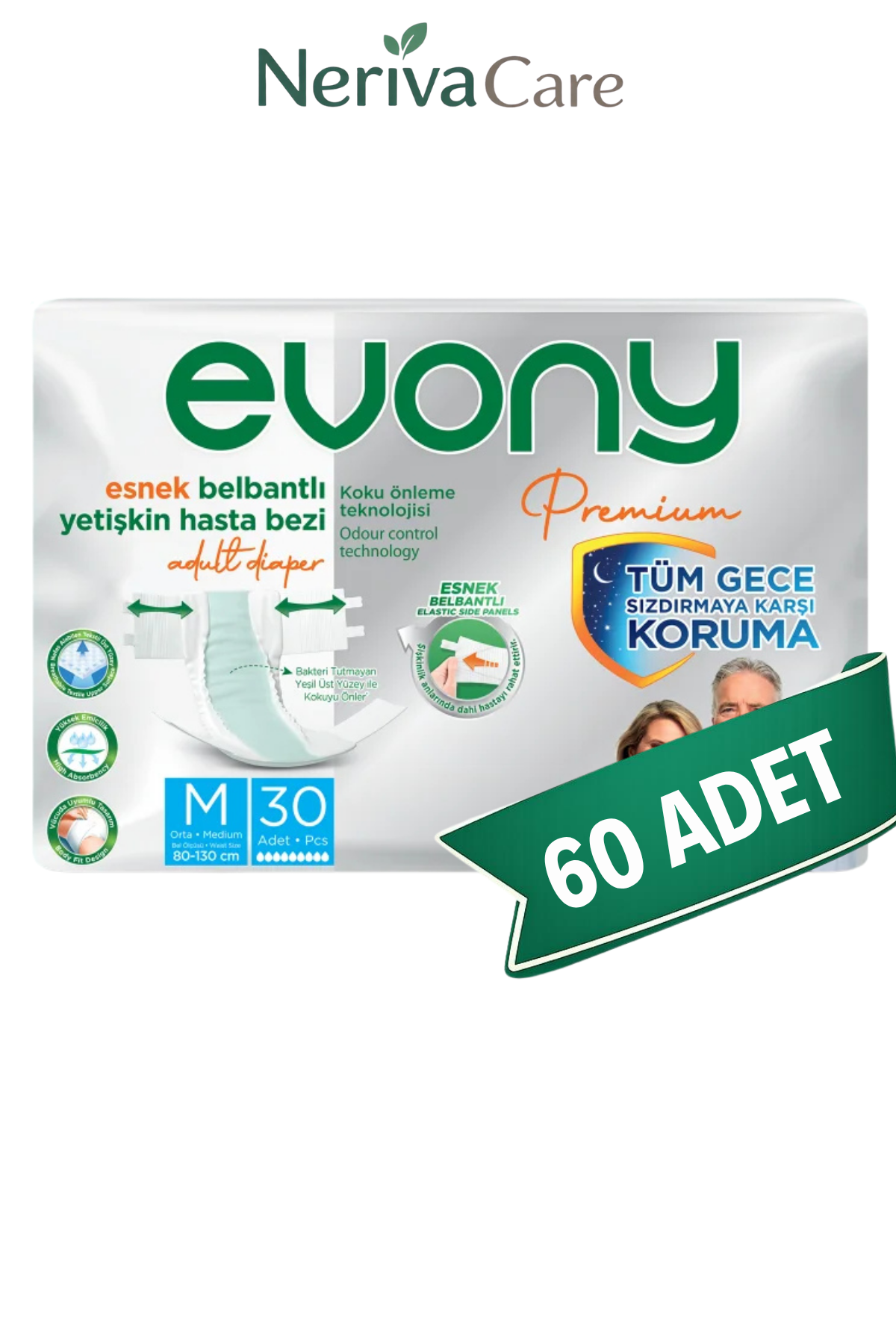 Evony Premium Bel Bantlı Yetişkin Hasta Bezi M 60 Adet (30'lu x 2 Paket) | Orta Boy Emici Hasta Bezi