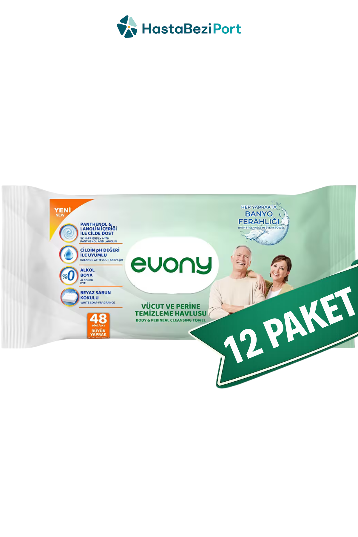 Evony Perine & Vücut Silme Havlusu 48'li x 12 Paket – Susuz Hasta Banyosu Temizleme Mendili