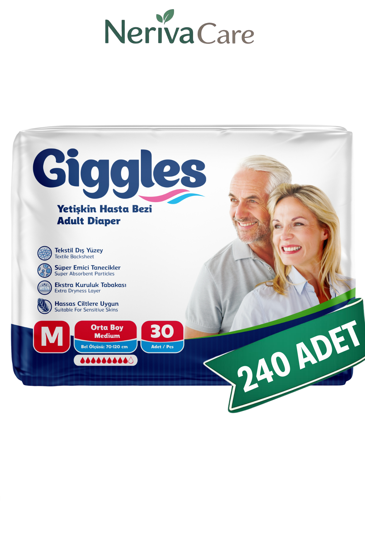 Giggles Yetişkin Hasta Bezi Bel Bantlı Hasta Bezi M Beden 240 Adet | Medium Boy Yüksek Emicilik