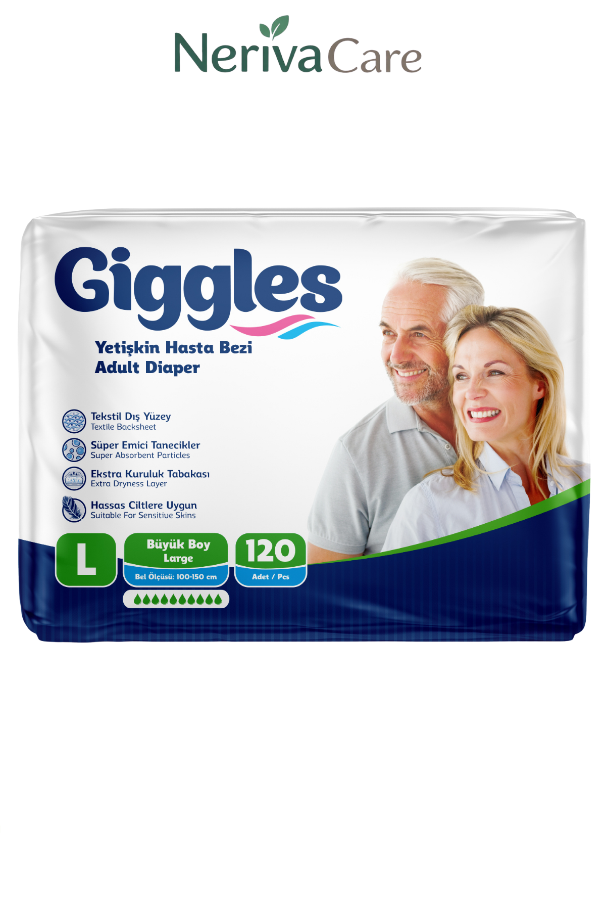 Giggles Yetişkin Hasta Bezi Bel Bantlı Hasta Bezi L Beden 120 Adet | Large Boy Yüksek Emicilik