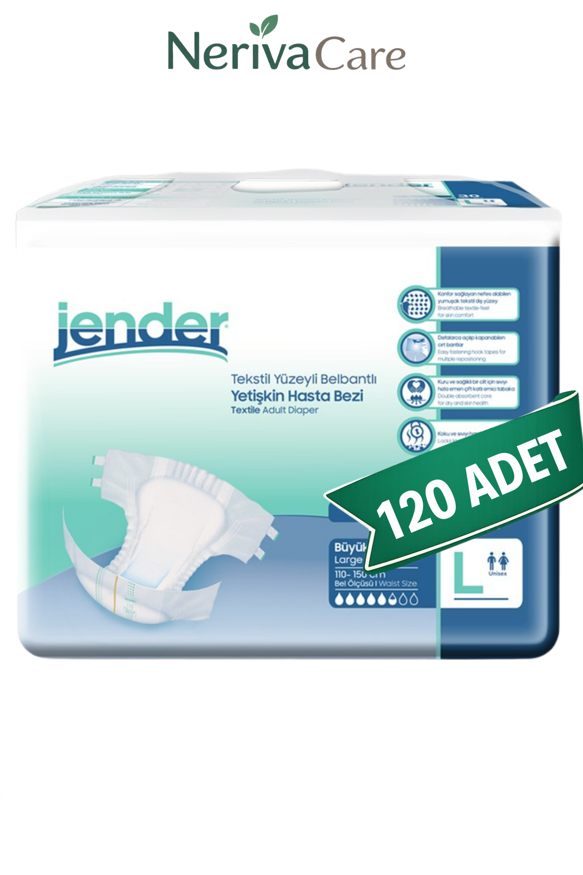 Jender Yetişkin Hasta Bezi Bel Bantlı Hasta Bezi L Beden 120 Adet | Large Boy Orta Emicilik