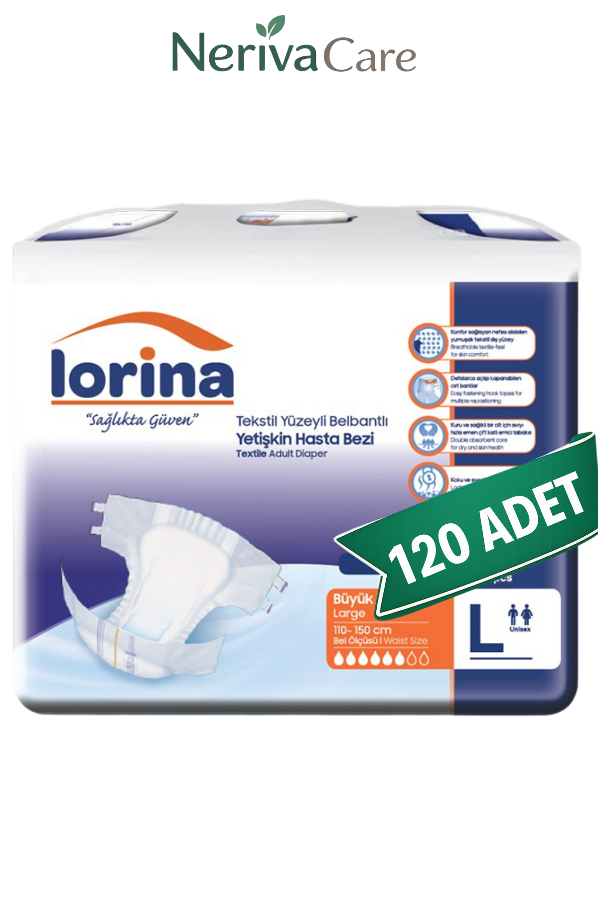 Lorina Yetişkin Hasta Bezi Bel Bantlı Hasta Bezi L Beden 120 Adet | Large Boy Orta Emicilik