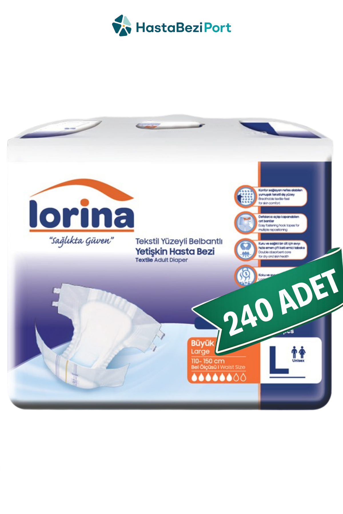 Lorina Yetişkin Hasta Bezi Bel Bantlı Hasta Bezi L Beden 240 Adet | Large Boy Orta Emicilik