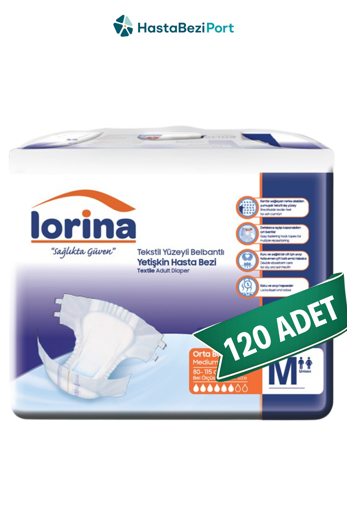 Lorina Yetişkin Hasta Bezi Bel Bantlı Hasta Bezi M Beden 120 Adet | Medium Boy Orta Emicilik