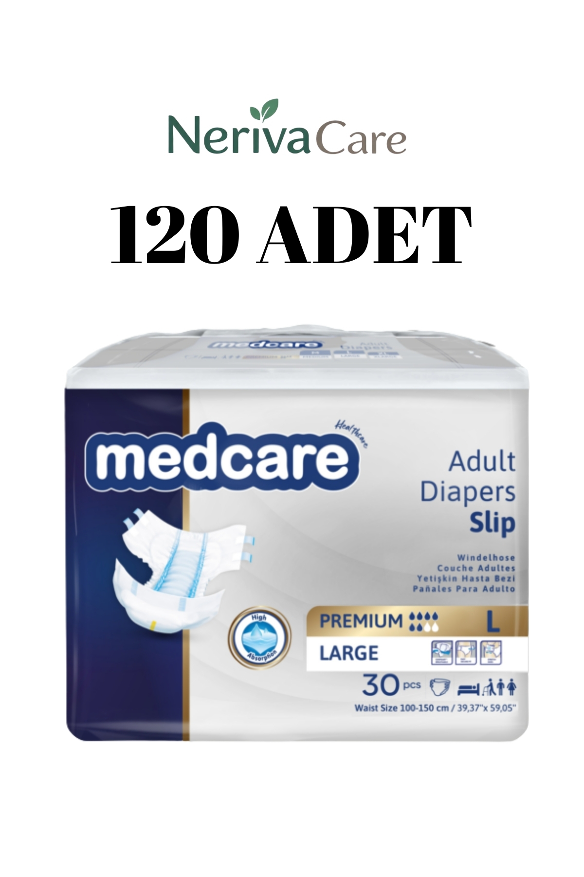 Medcare Premium Bel Bantlı Hasta Bezi 6 Damla L 120 Adet (30x4 Paket)