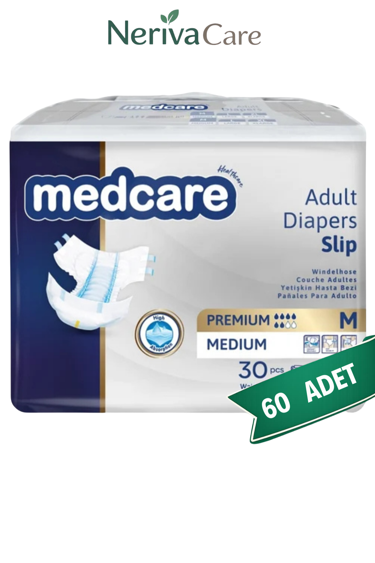 Medcare Premium Bel Bantlı Hasta Bezi 6 Damla Medium (M) 60 Adet (30x2)