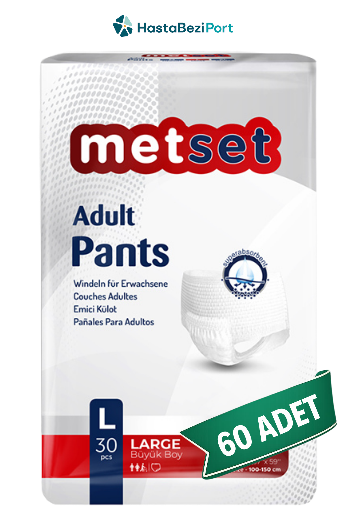 Metset Emici Külot Hasta Bezi L Beden 60 Adet | Large Boy Orta Emicilik