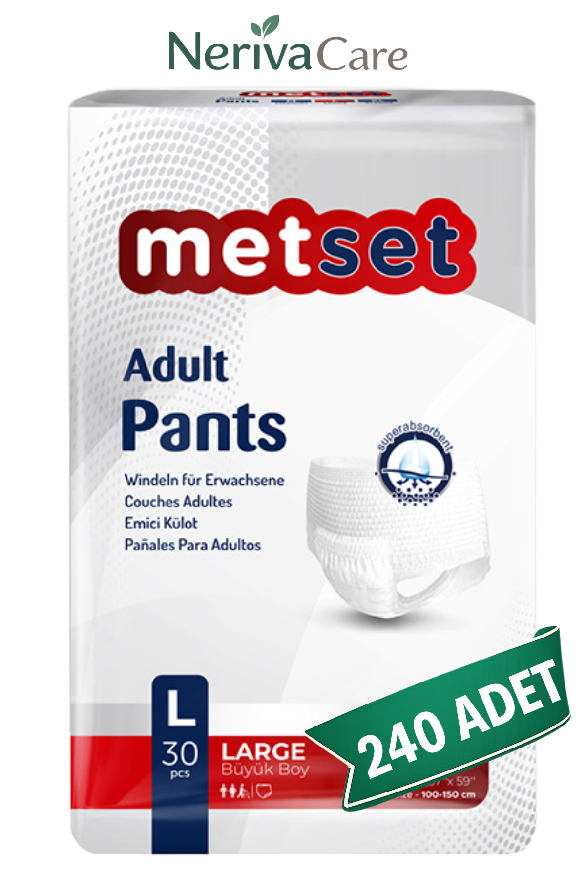 Metset Emici Külot Hasta Bezi L Beden 240 Adet | Large Boy Orta Emicilik