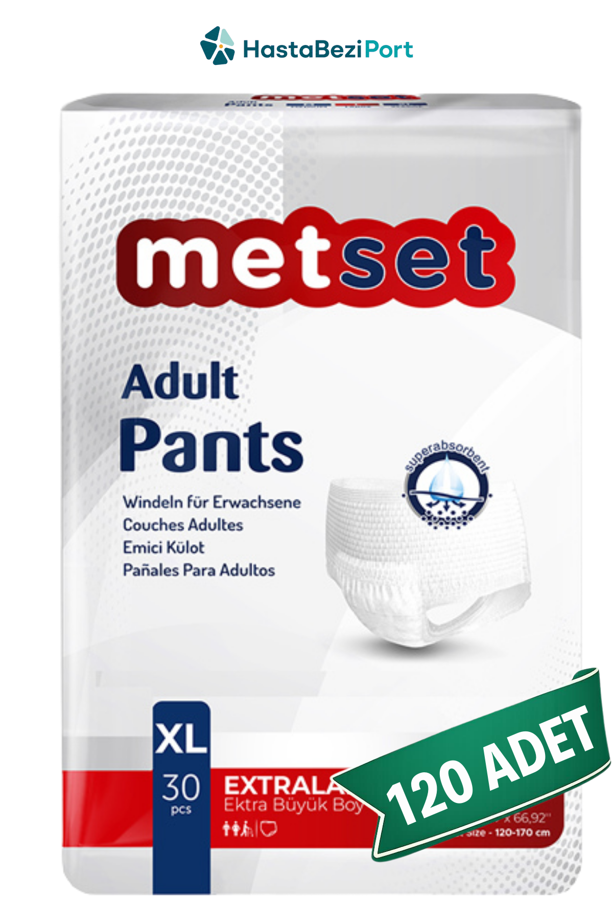 Metset Emici Külot Hasta Bezi XL Beden 120 Adet | XLarge Boy Orta Emicilik